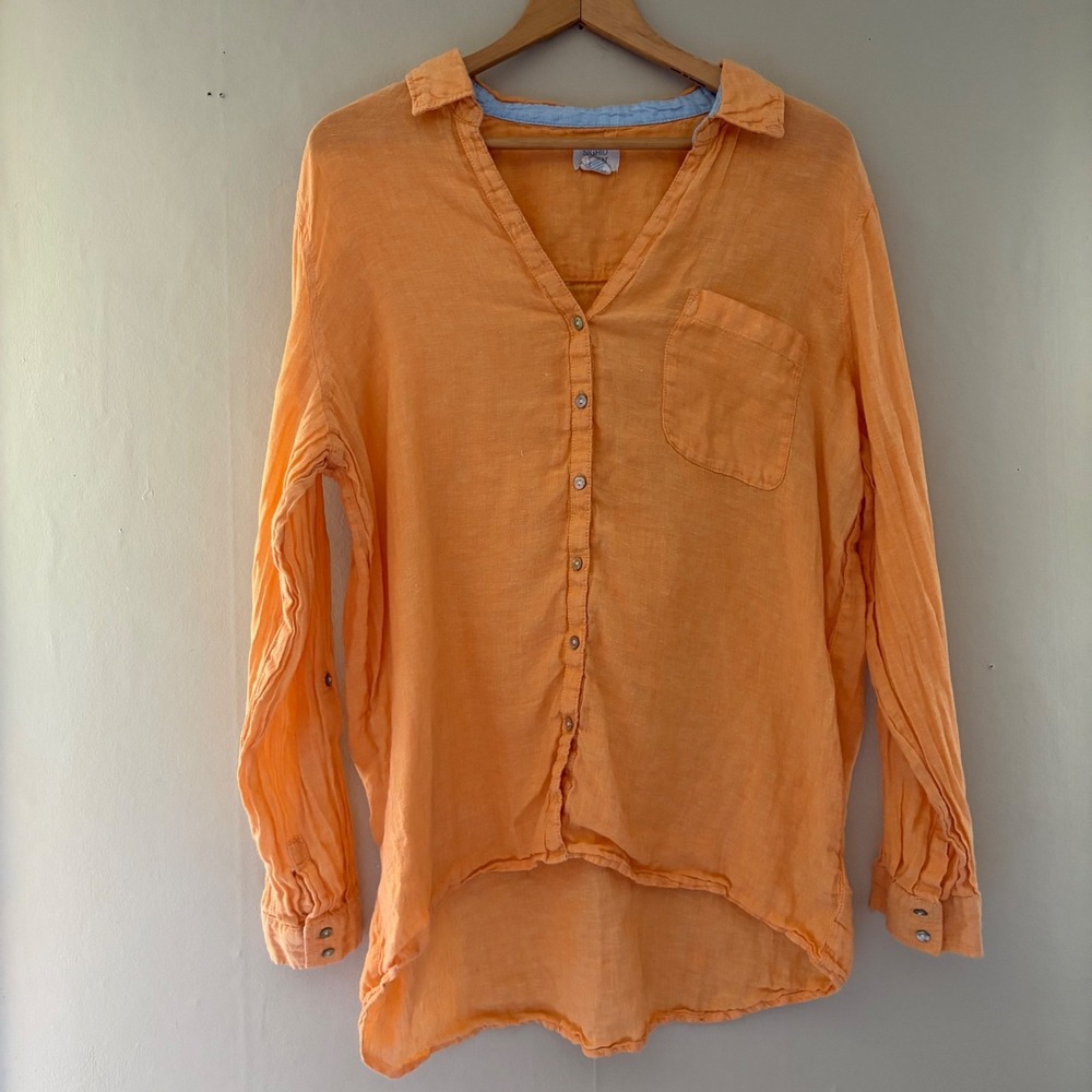 Sigrid Olsen Womens 100% Linen Button Up Top Size XL Orange Maximalist Artsy